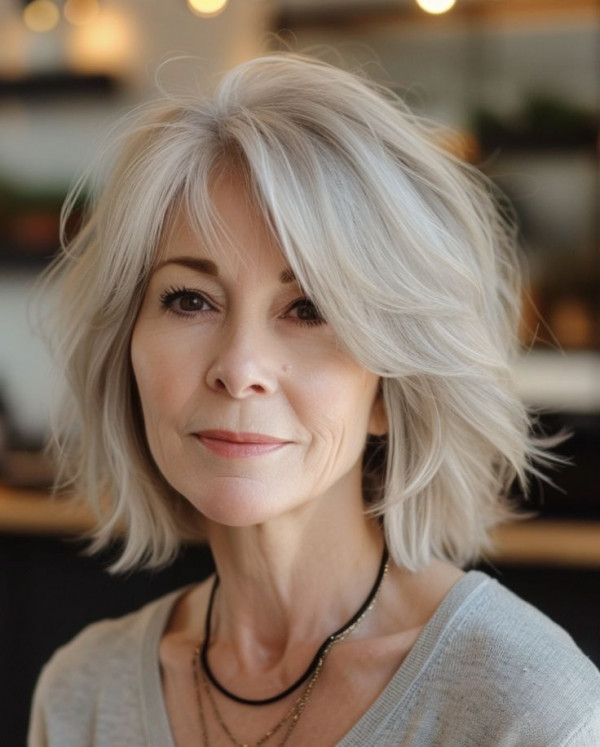 long bob with side swept bangs, youthful haircut for over 60