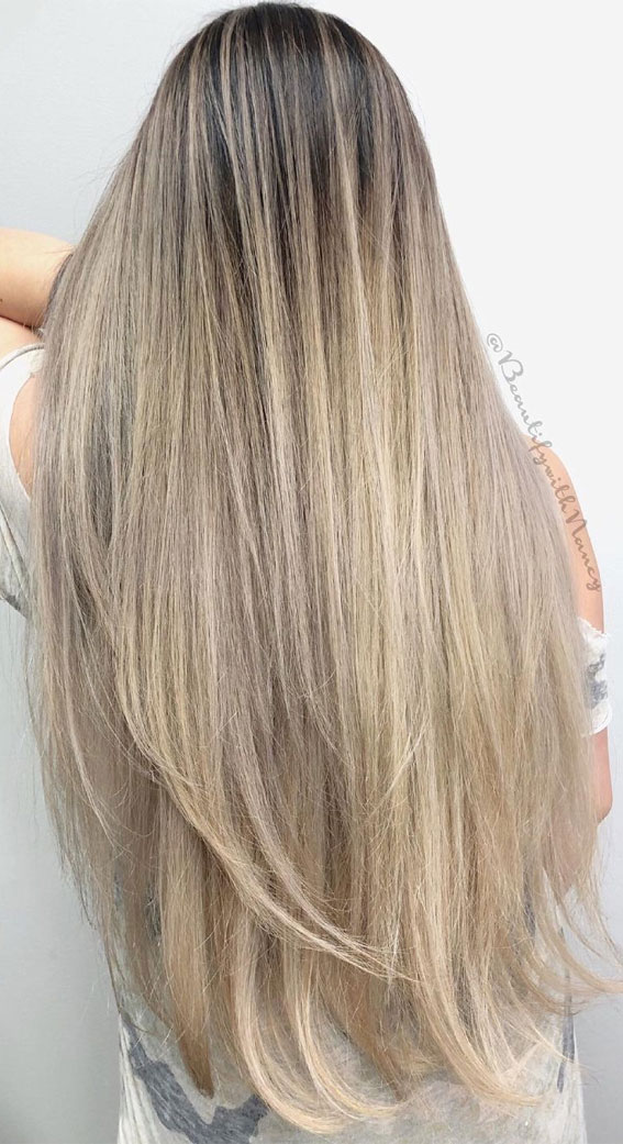 Ash blonde balayage ombre long hair with layered haircut