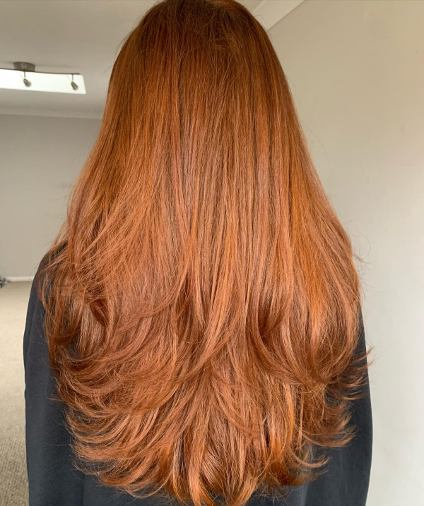 rich copper layers, copper long layered haircut