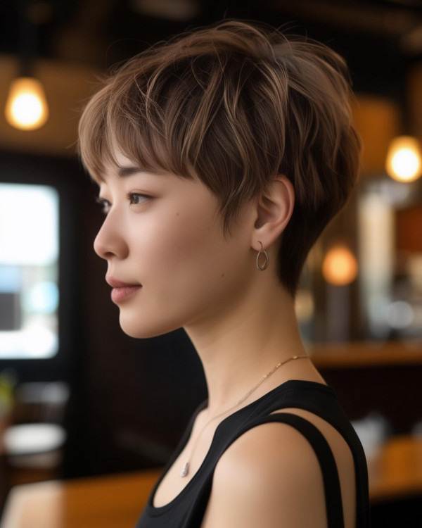 Brown Tapered Layered Pixie, youthful short haircut, pixie haircuts