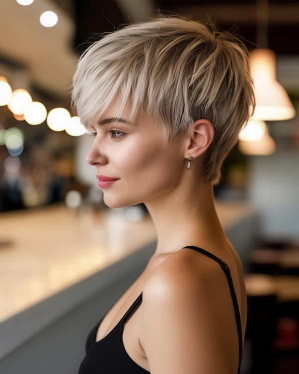 Layered Ash Blonde Pixie, youthful short haircut, pixie haircuts