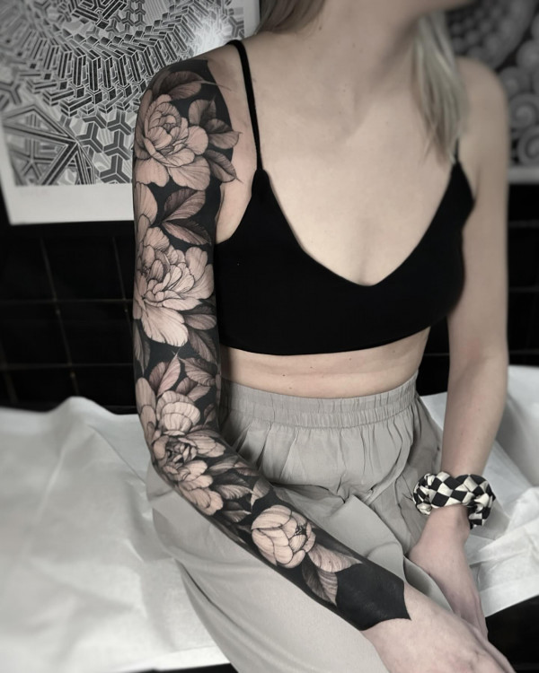 Black and grey sleeve tattoos, monochrome tattoos, floral tattoos