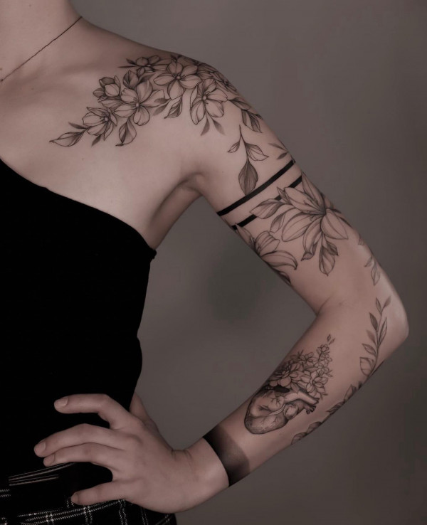 Black and grey sleeve tattoos, floral tattoos, full sleeve tattoo designs, fineline tattoos