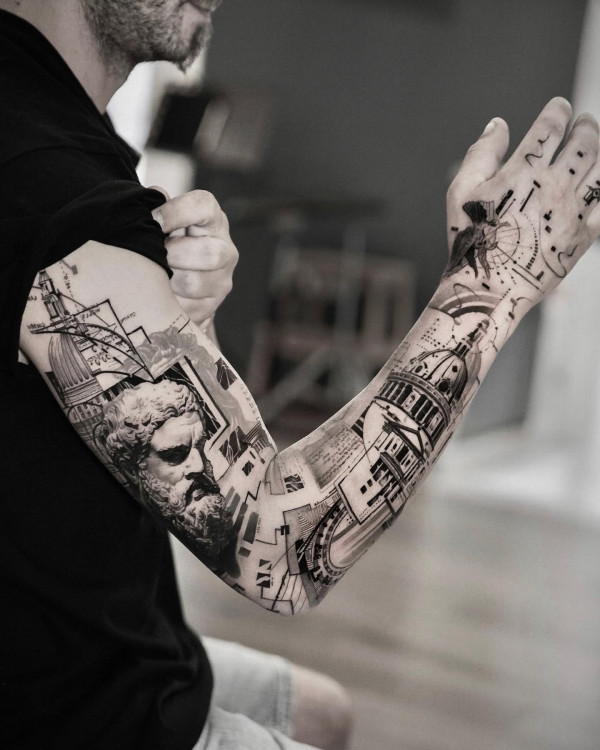 geometric mix tattoo. full sleeve tattoos