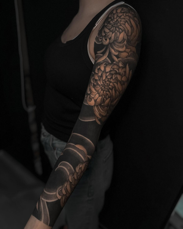 full sleeve tattoo, Tribal patterns, Japanese art, Realistic images, abstract art, Tattoo artist