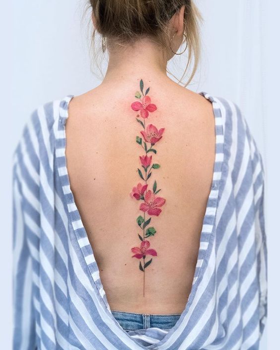 watercolor tattoo, watercolor spine tattoo, spine tattoo ideas