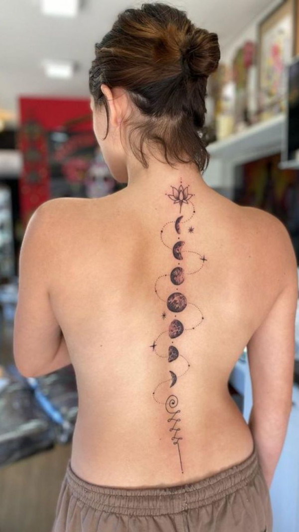 moon phase tattoo, spine tattoos, spine tattoo designs, moon phase tattoo designs