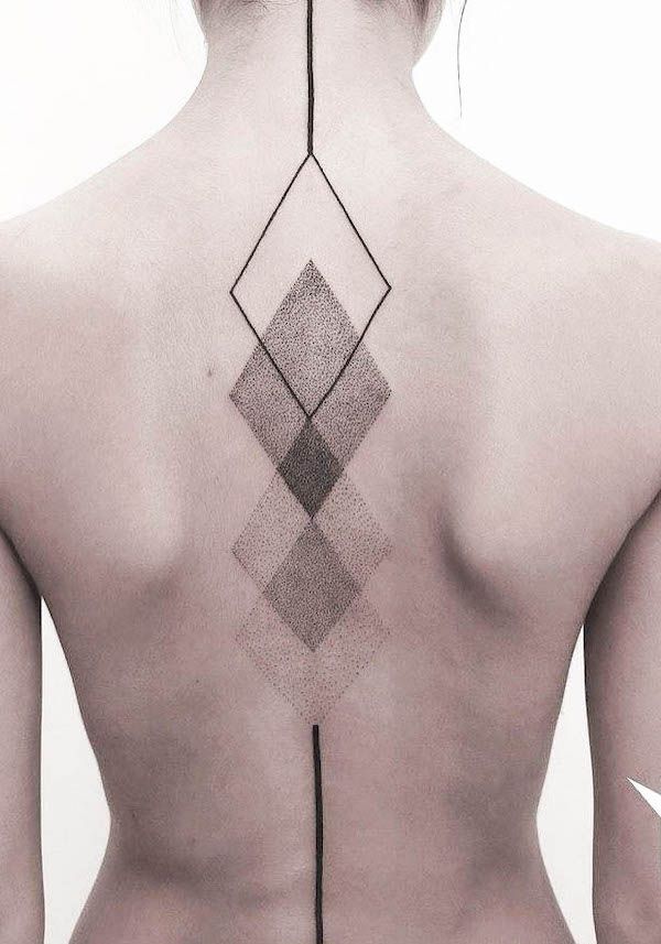 geometric spine tattoo, shape spine tattoo, spine tattoos, spine tattoo ideas