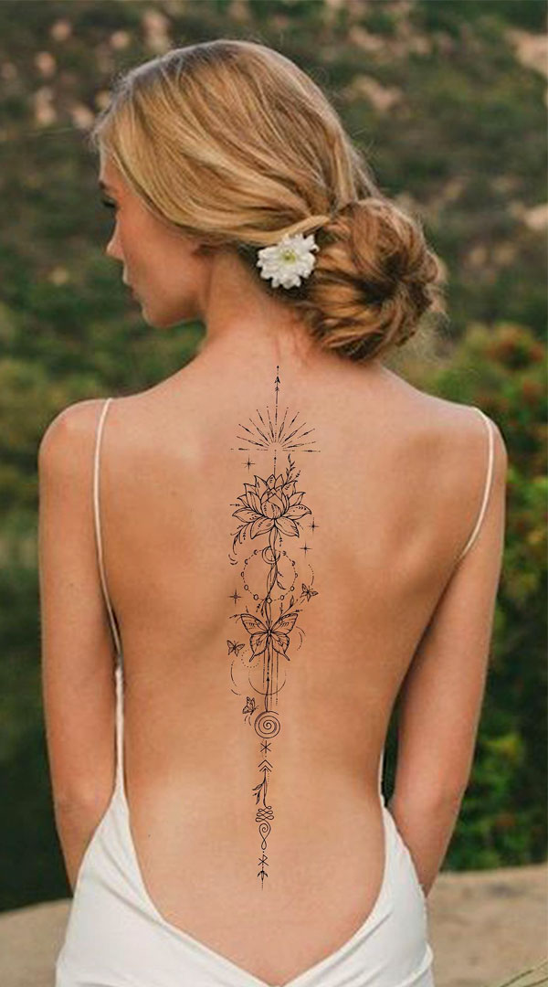 flower spine tattoo designs, lotus spine tattoo, spine tattoos, spine tattoo designs