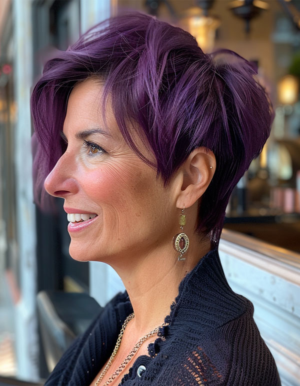 Vibrant Purple Pixie Haircut for Women Over 60