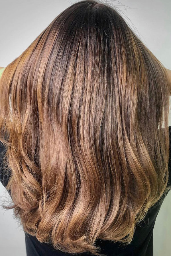 brunette with caramel highlights, fall hair color idea