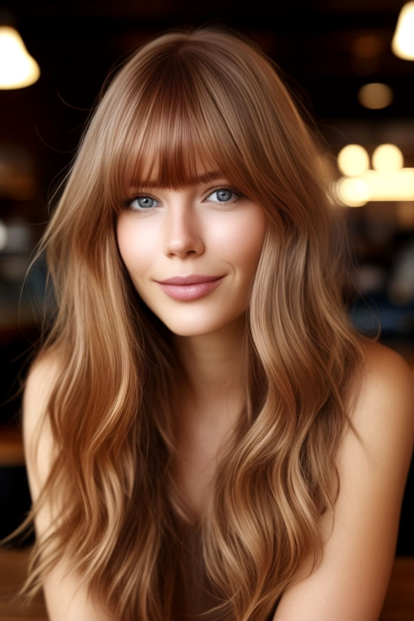 Soft Caramel Brown with Bangs, autumn hair color idea