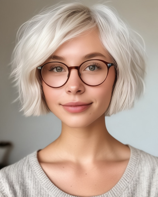 Frosted platinum bob, side part bob haircut