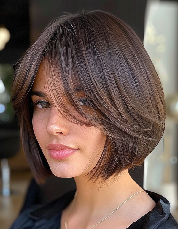 Sleek Brunette Bob with Curtain Bangs