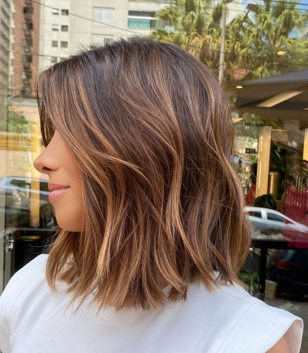 Caramel Bronde Balayage Long Bob, caramel hair colour, autumn hair color idea, brown hair color