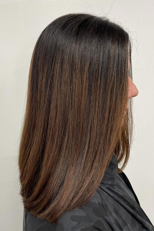 toasted Caramel Hair Colour, sleek mid-length haircut