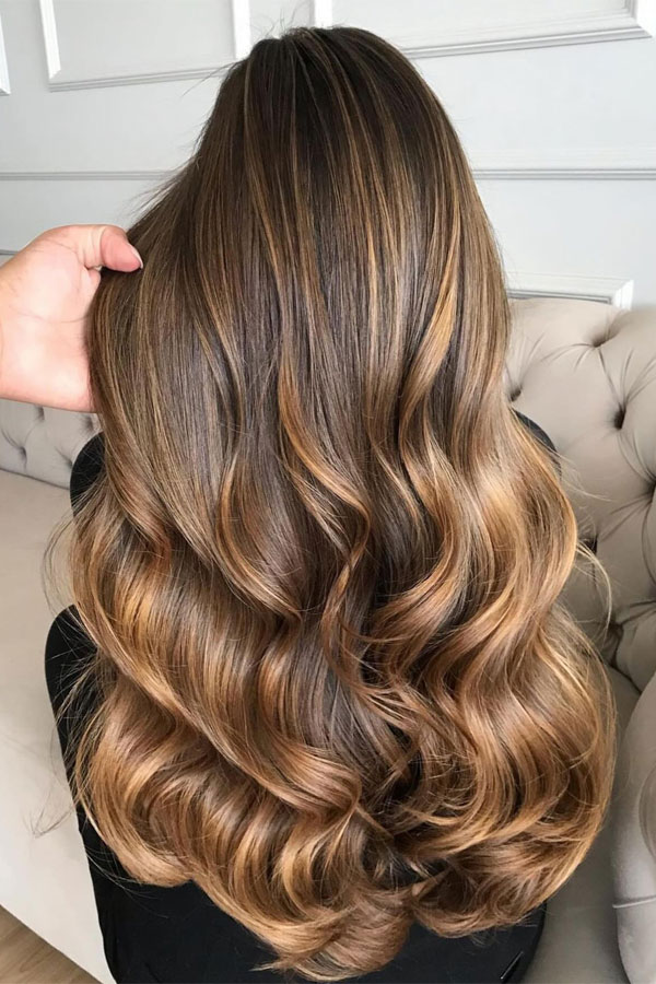 Amber Caramel Long Bouncy Hair, caramel hair colour, autumn hair color idea, brown hair color