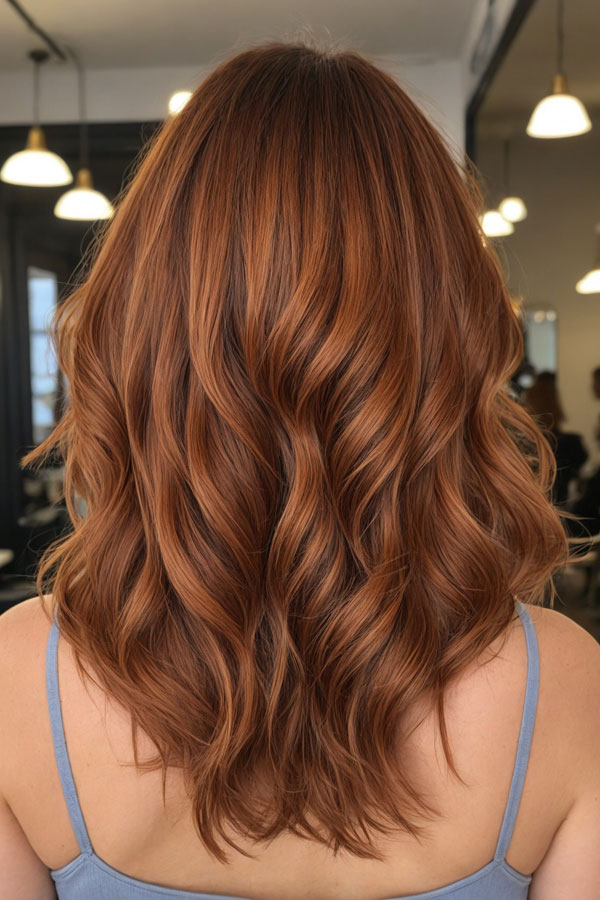 Soft auburn balayage with waves, autumn hair color