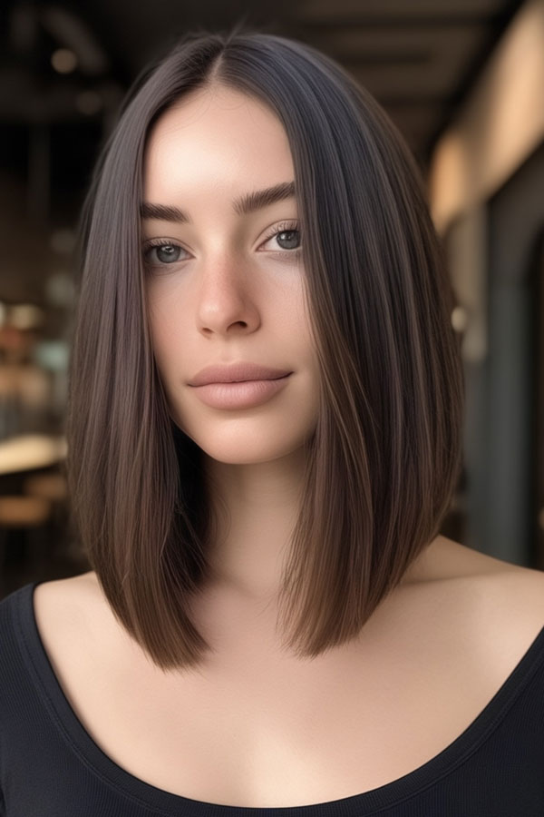 Deep Espresso Brown long bob, autumn hair color idea