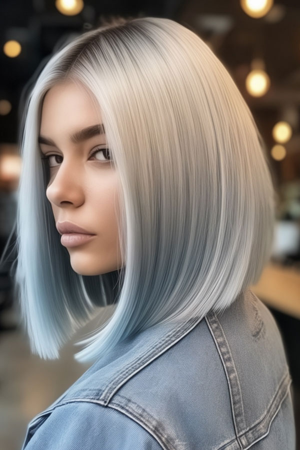 silver ombre frosted blue hair color, fall hair color idea