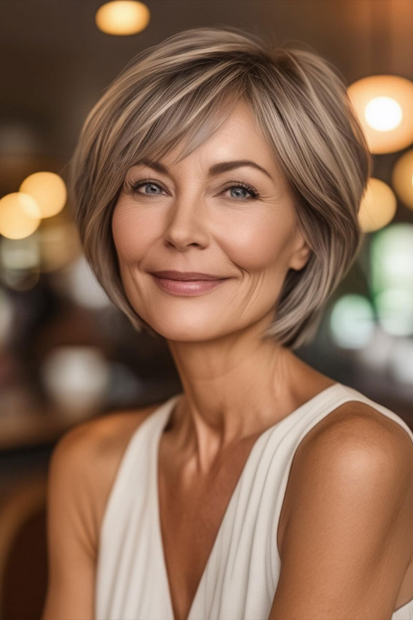 short bob with side swept bangs for fine hair, hairstyle for women over 60