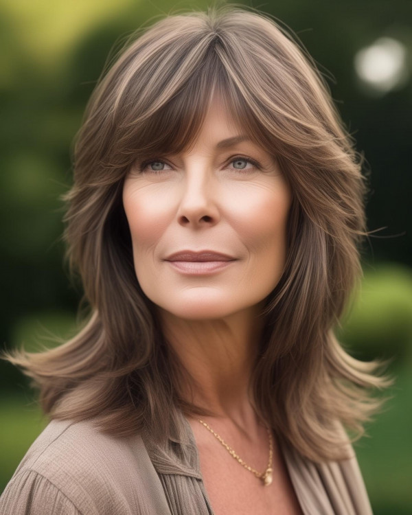 Farrah Fawcett inspired layered haircut for women over 60, Layered Mid-Length Cut with Bangs, hairstyles for women over 60