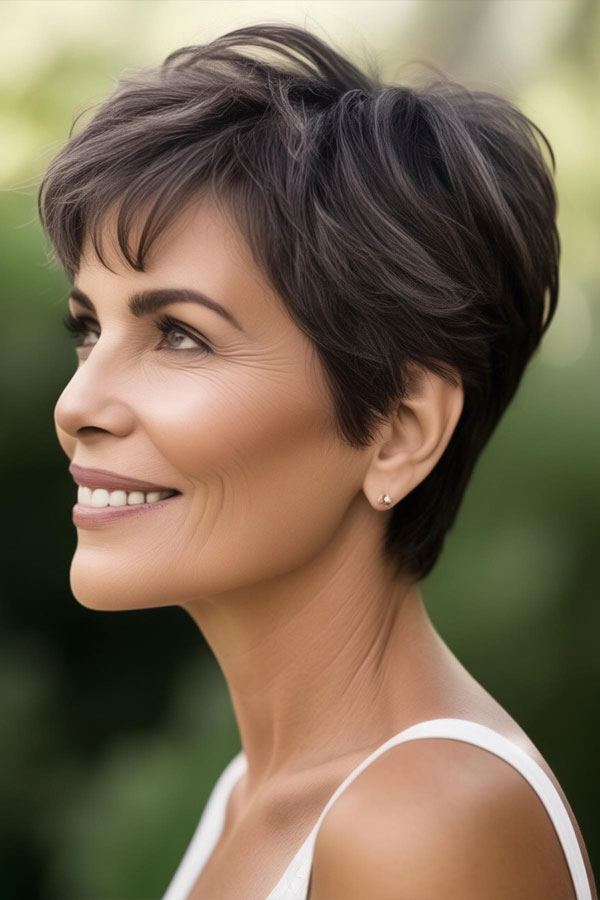 dark hair pixie haircut, low-maintenance haircut