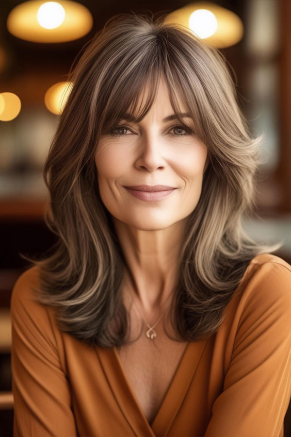 Layered Mid-Length Cut with Bangs, hairstyles for women over 60