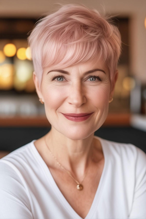 two-tone pink pixie with long fringe for women over 60