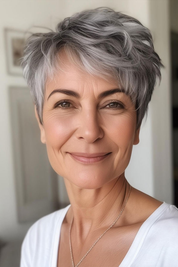 tousled grey pixie cut for women over 60