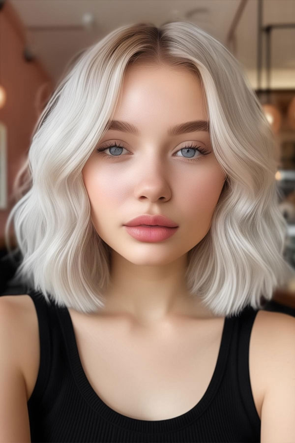 Platinum Blonde long bob hairstyle for round faces