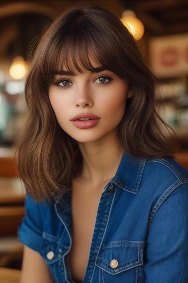 Brunette Mid-Length with Bangs for round faces