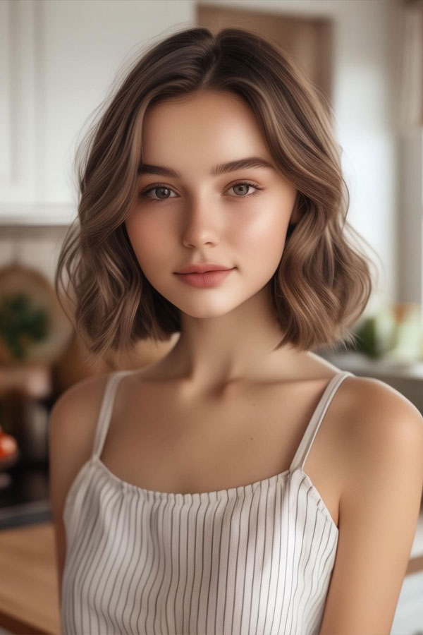 Long wavy bob hairstyle for round face