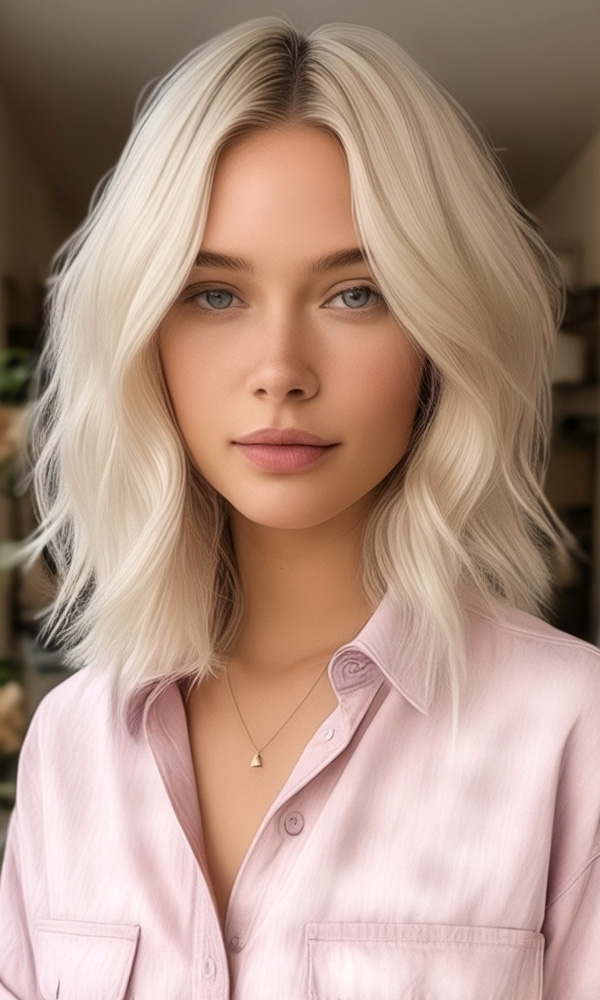 Elegant Platinum Blonde Waves, long bob wavy haircut