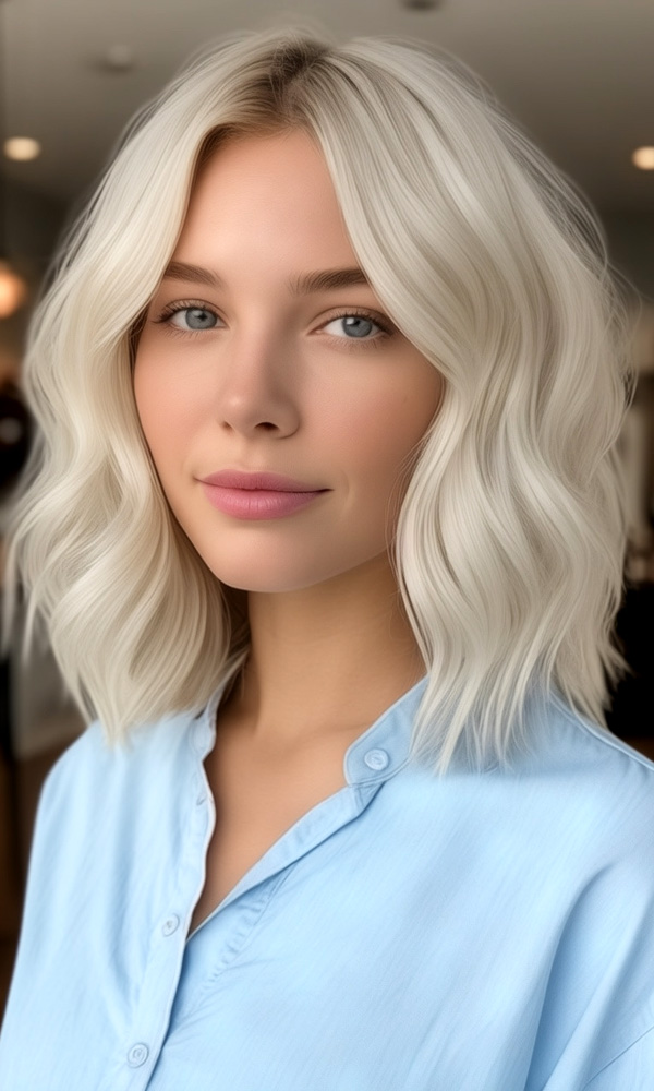 light blonde wavy haircut, shoulder-length bob hairstyle