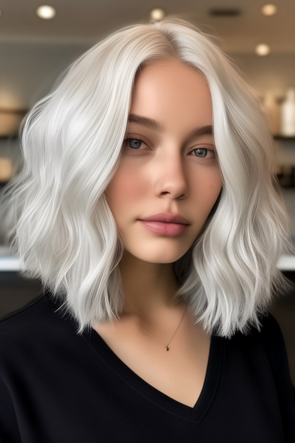 Icy Blonde Long Bob, medium-length wavy bob