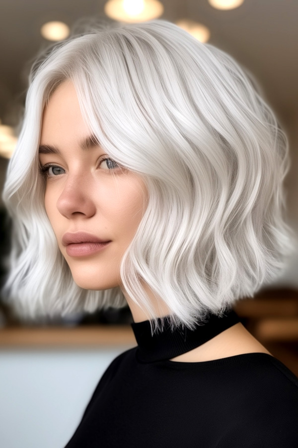 30 Cute Medium-Length Hairstyles : Platinum Wave Bob