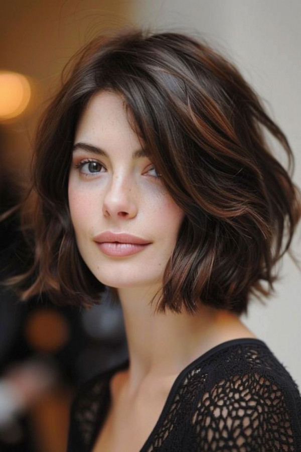 Textured Elegance Bob, medium-length lob with bangs