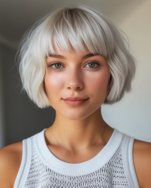 Moonlit Platinum Ear-Length Bob with Fringe