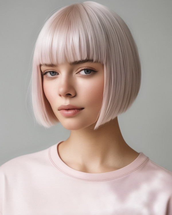 Sleek Pearl Platinum blunt Bob with Fringe