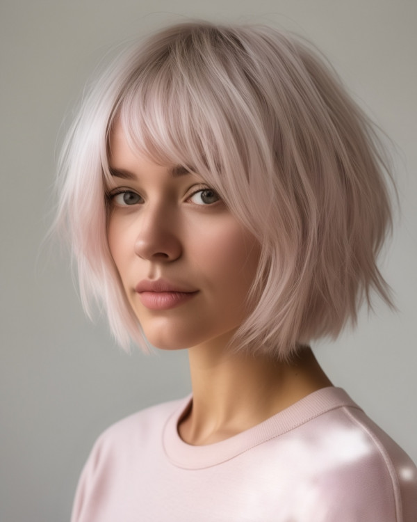 Blushing Platinum Bob, messy bob haircut with fringe