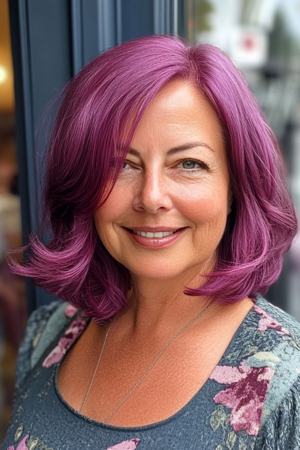 Playful Bright Bold Lilac Bob, bob haircut for women over 60, bob hairstyle for female over 60