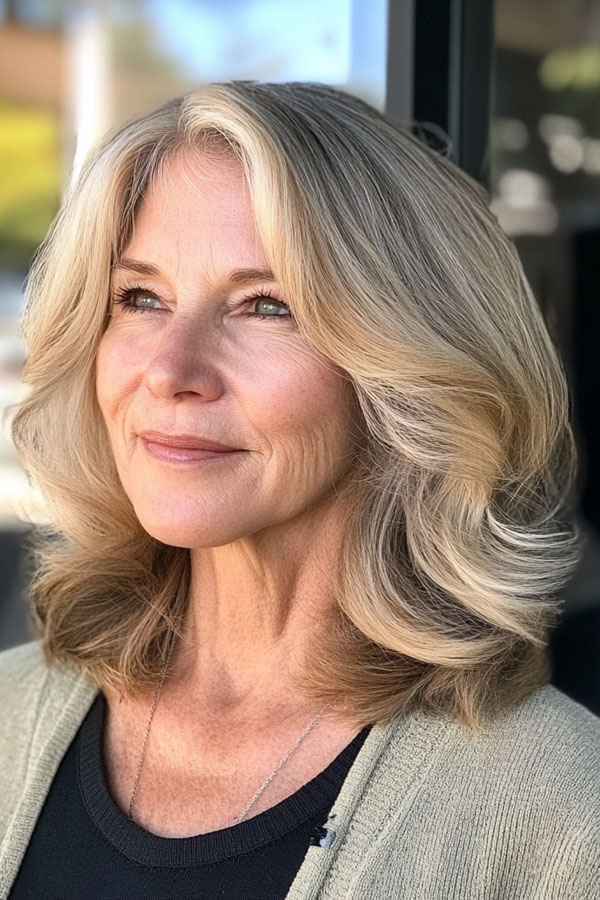 Classic Blonde Layers, Collarbone-Length Haircut for over 60, collarbone Hairstyle For Women Over 60