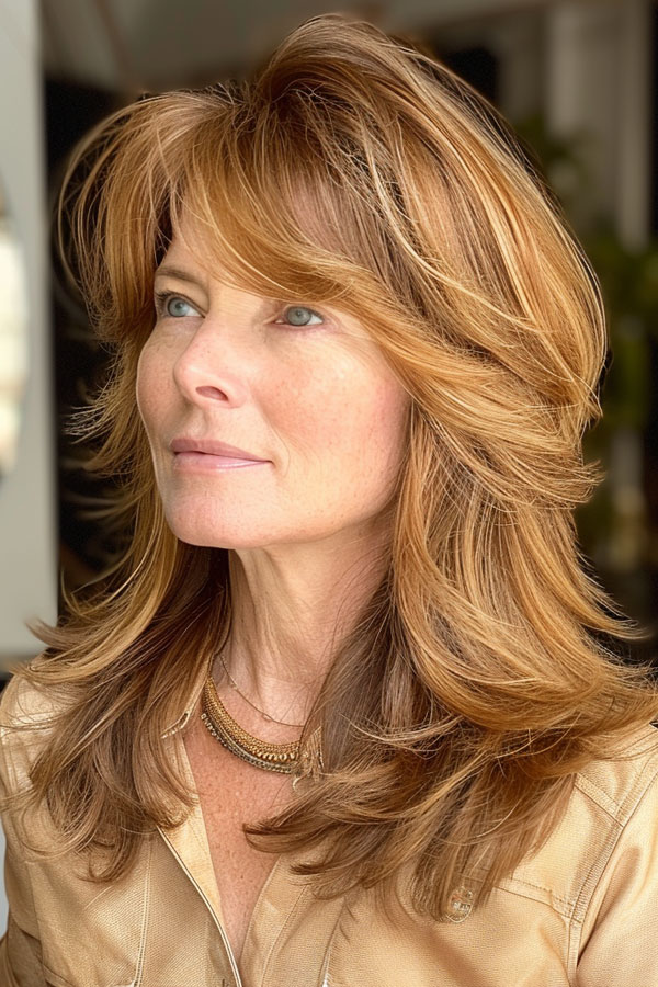 Golden Glam Feathered Layers, medium-length layered haircuts, mid-length hairstyle for women Over 60 