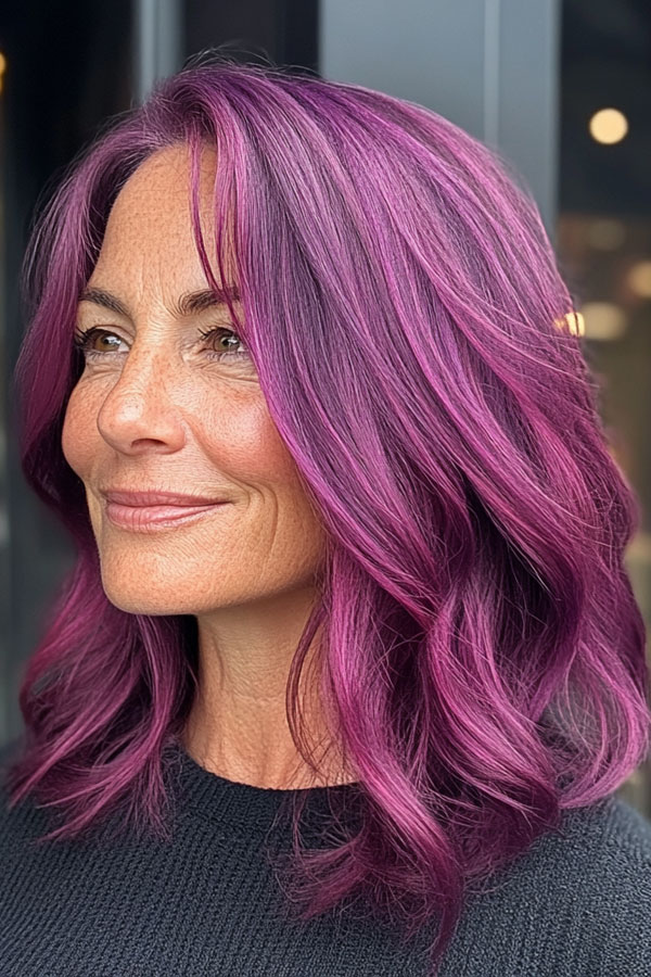 Radiant Plum Layered Waves, Collarbone-Length Haircut for over 60, collarbone Hairstyle For Women Over 60