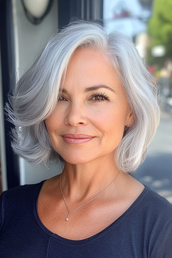 Silver Sleek Layered Bob, bob haircut for women over 60, bob hairstyle for female over 60