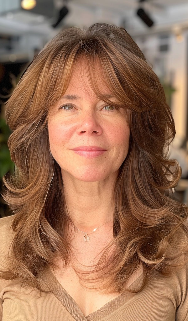 Sun-Kissed Layers with wispy bangs, Long Layered Haircut for women over 50, Long Layered Hairstyle for women over 50, butterfly layered haircut