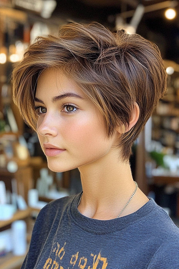 Soft Chestnut Pixie with Side Volume, Effortless Pixie Haircut, short haircut for women