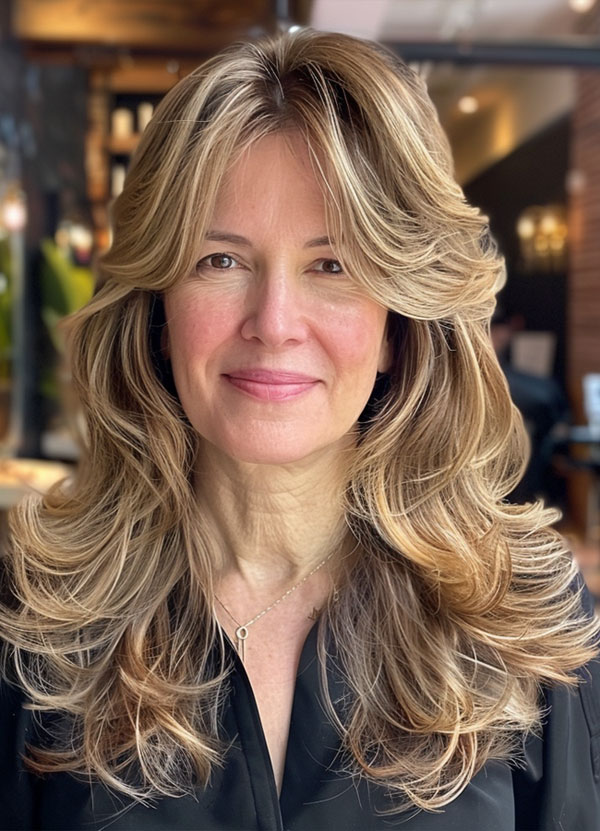 Sandy Blonde Long Layers with Curtain Bangs, Long Layered Haircut for women over 50, Long Layered Hairstyle for women over 50, butterfly layered haircut