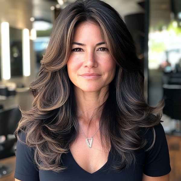 Sleek Dark Butterfly Layers with Subtle Highlights, layered haircut for women over 40